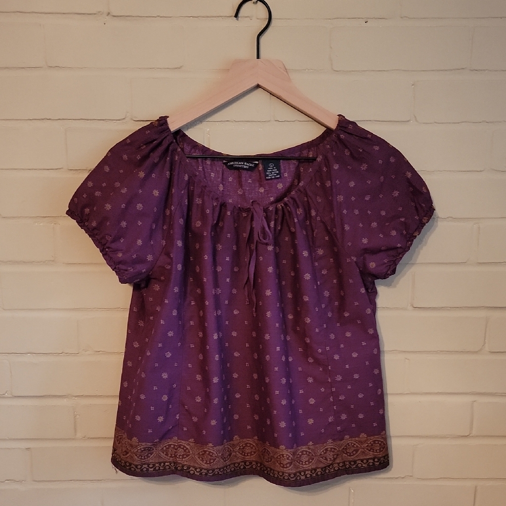 Vintage American Eagle Outfitters Smocked Puff Sleeve Blouse Purple Sz L